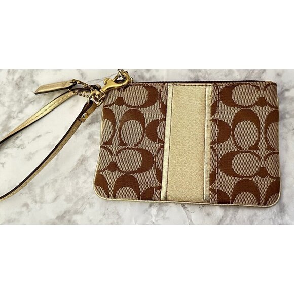 Coach Signature Mini Brown Gold Wristlet Wallet‎ - Picture 1 of 6